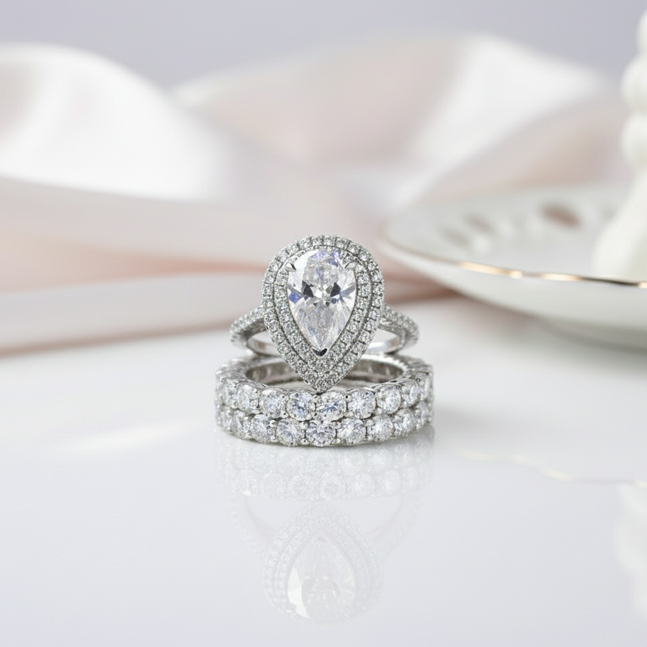 Eternity Double Halo Pear Cut 3-Pieces Wedding Set-Black Diamonds New York
