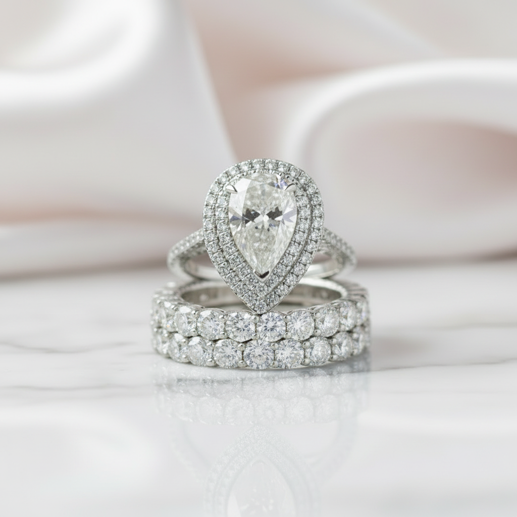 Eternity Double Halo Pear Cut 3-Pieces Wedding Set-Black Diamonds New York