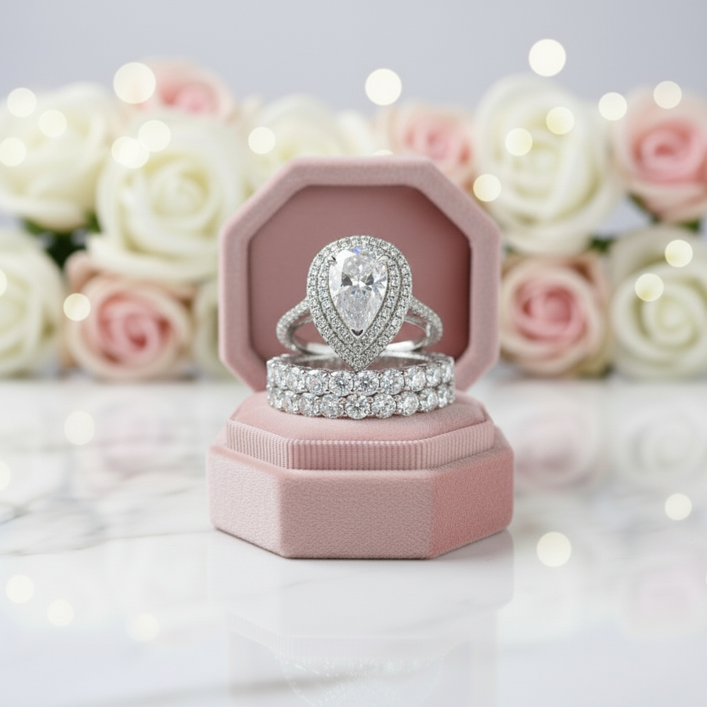 Eternity Double Halo Pear Cut 3-Pieces Wedding Set-Black Diamonds New York