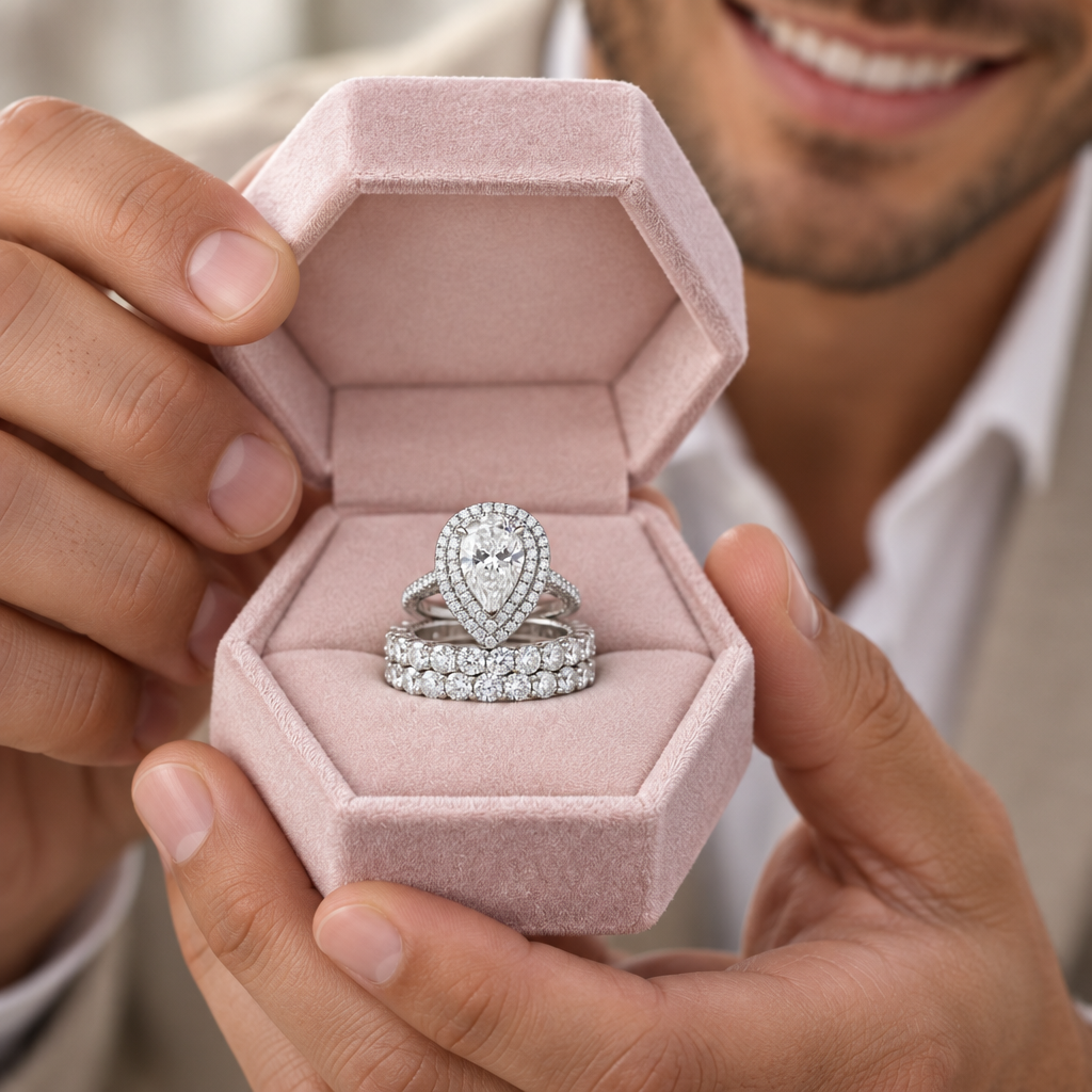 A close-up lifestyle shot of a man holding an open hexagonal pink velvet ring box, showcasing a silver pear-cut diamond engagement ring and a matching diamond band.