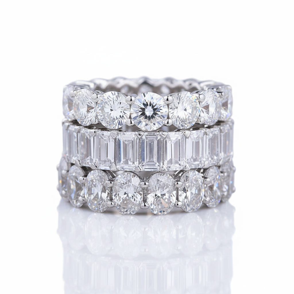 Eternity Emerald & Round & Oval Cut Wedding Band Set-Black Diamonds New York