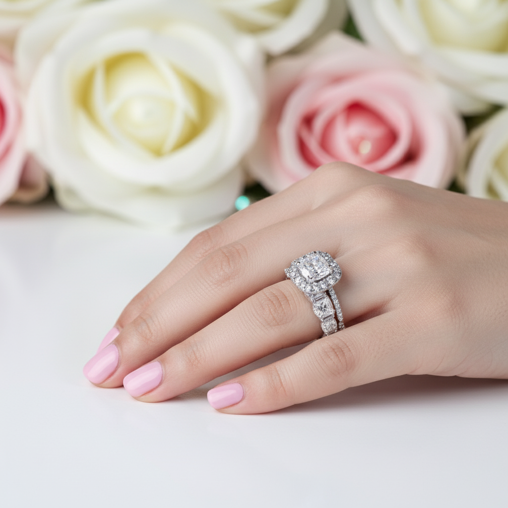 Eternity Halo Cushion Cut Ring Set in White Gold-Black Diamonds New York