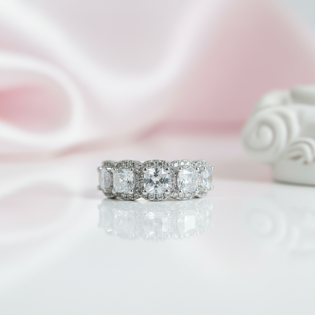 Eternity Halo Cushion Cut Ring Set in White Gold-Black Diamonds New York