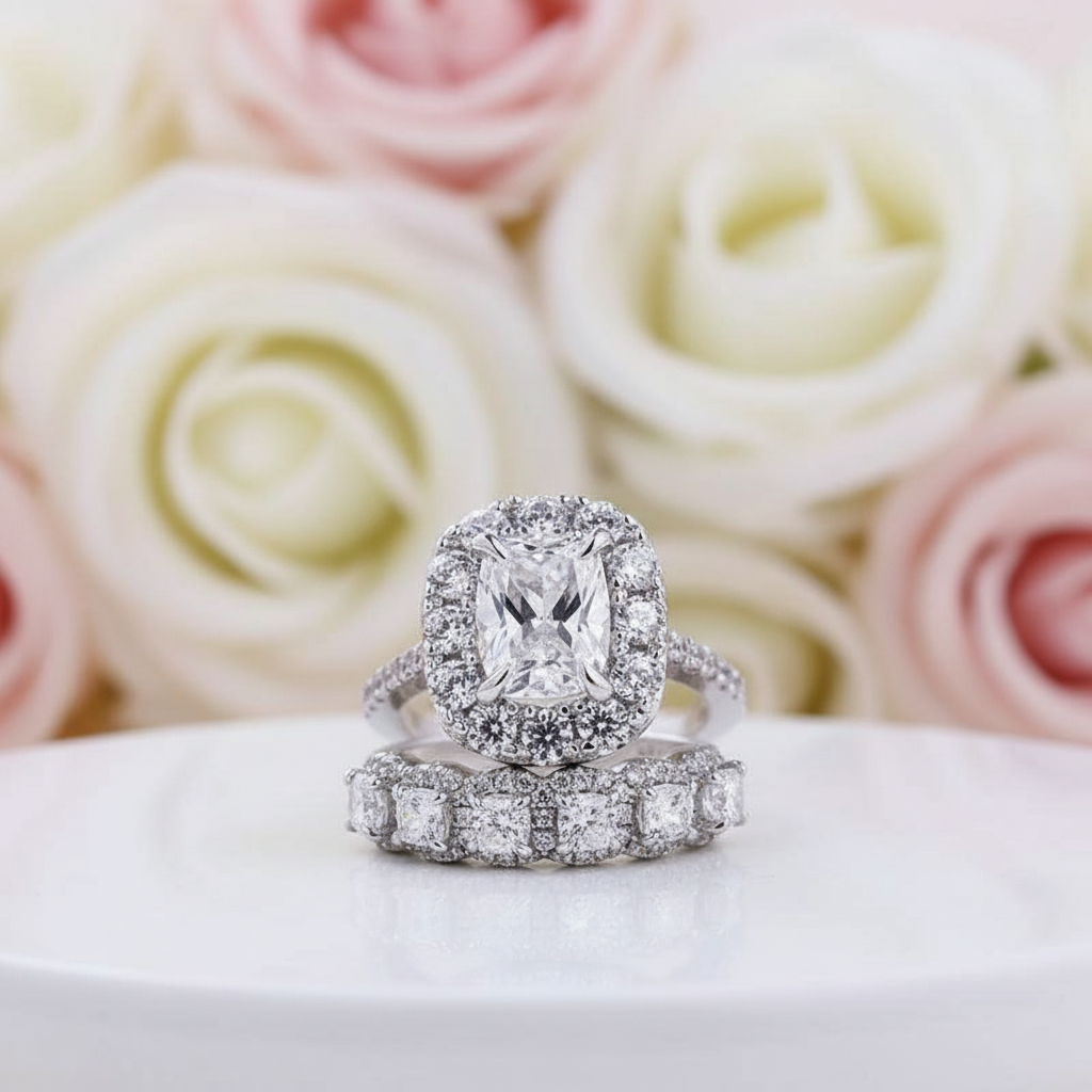 Eternity Halo Cushion Cut Ring Set in White Gold-Black Diamonds New York