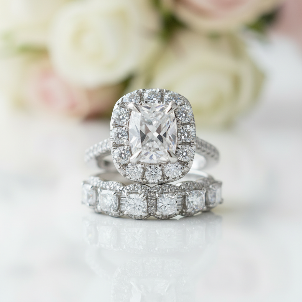Silver ring with diamond accents on a white surface with flowers in the background