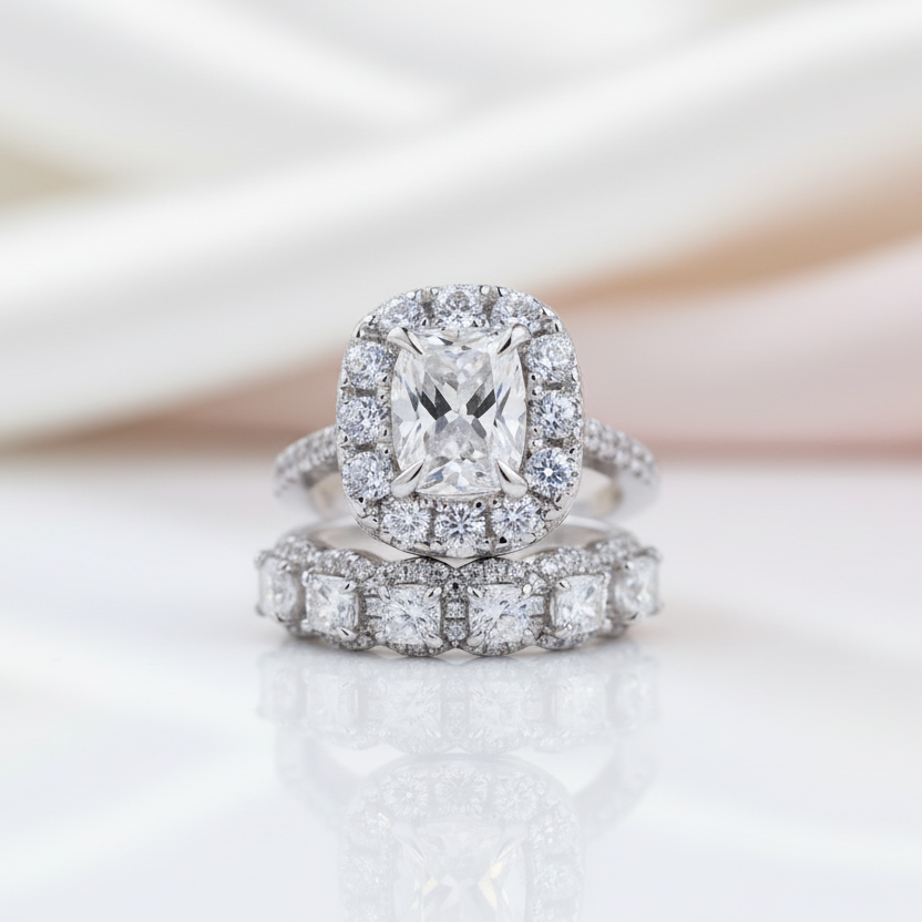 Eternity Halo Cushion Cut Ring Set in White Gold-Black Diamonds New York