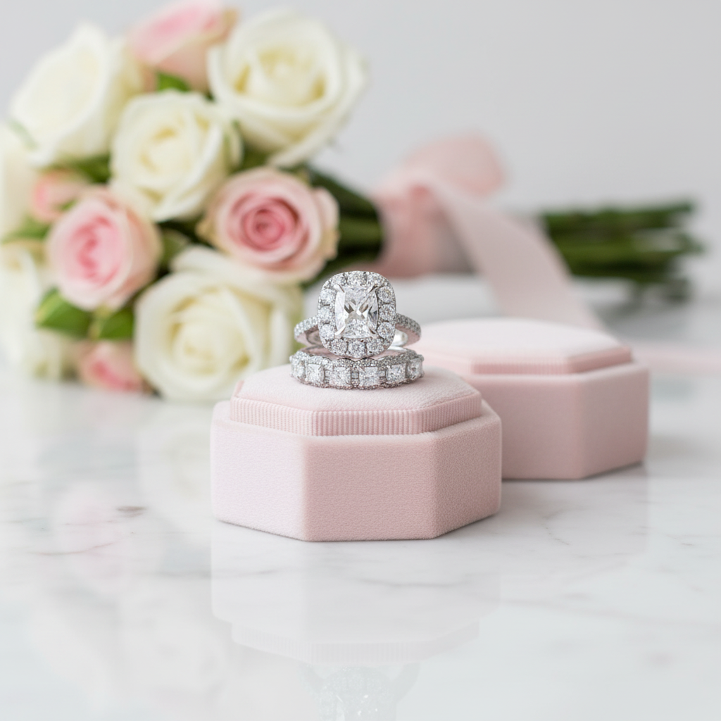 A silver-toned diamond engagement ring with a matching pavé band and a pink velvet ring box, styled on a white marble surface with a bouquet of pink and white roses in the background.
