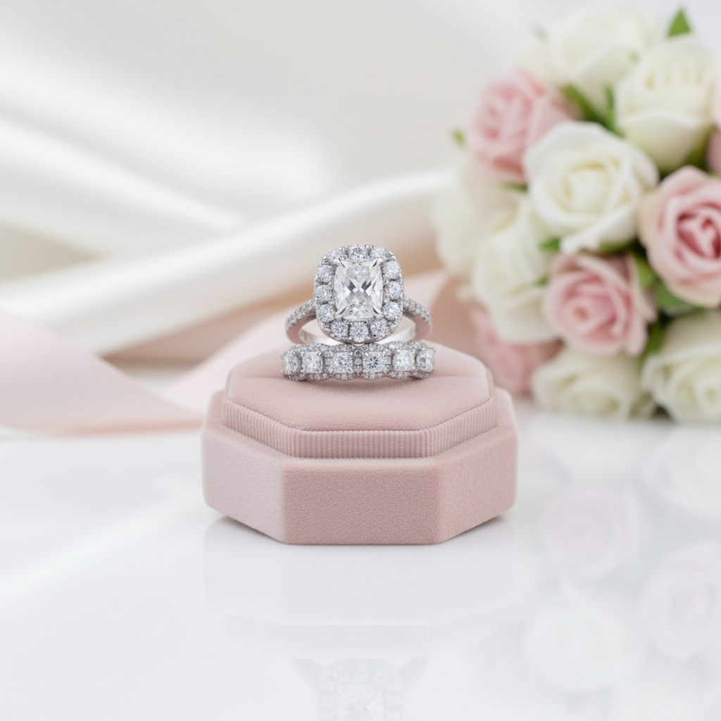 Eternity Halo Cushion Cut Ring Set in White Gold-Black Diamonds New York