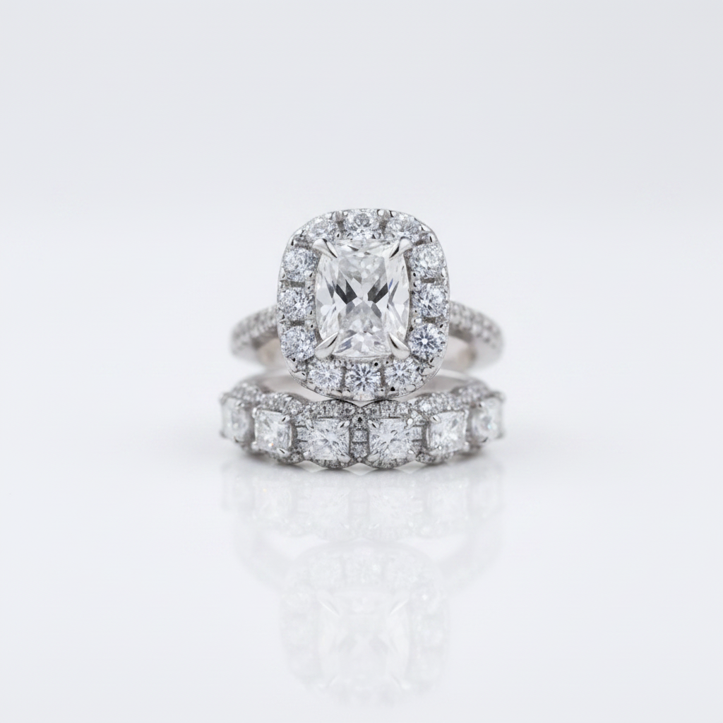 A silver-toned diamond ring set featuring a cushion-cut center stone surrounded by a halo, with a matching pavé band ring underneath, photographed on a clean white reflective surface.
