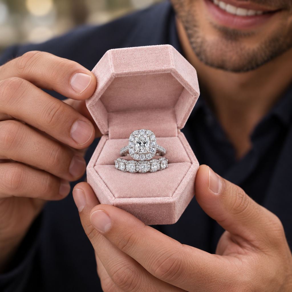 A close-up lifestyle shot of a man holding an open dusty pink velvet ring box containing a silver halo engagement ring and matching band with clear stones.