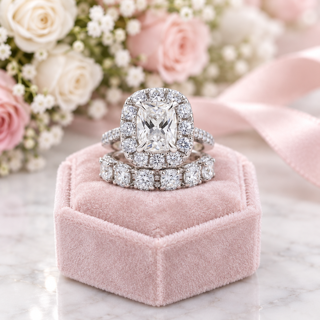 A silver-toned engagement ring with a large cushion-cut diamond and a matching diamond band, displayed on a pink velvet ring box with blurred pink roses in the background.