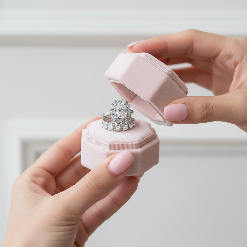 A close-up lifestyle shot of a person's hands holding an open light pink hexagonal ring box, displaying a silver-toned ring set with a large heart-shaped cluster of clear stones and a matching band underneath.