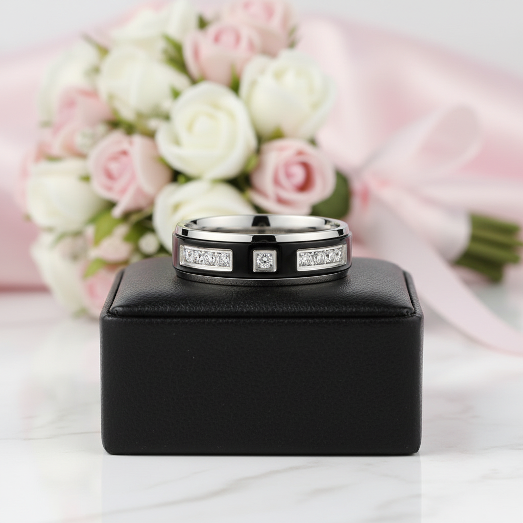 Eternity Diamond Option Men's Titanium Wedding Band-Black Diamonds New York