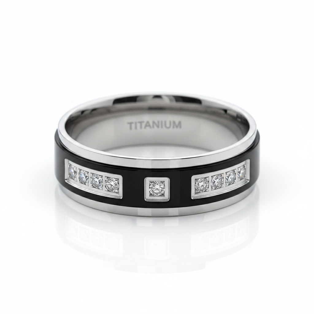 A titanium ring band with a black inlay, featuring rectangular bezel-set clear stones on the outer band and engraved 'TITANIUM' inside the polished band, shown on a white reflective background.