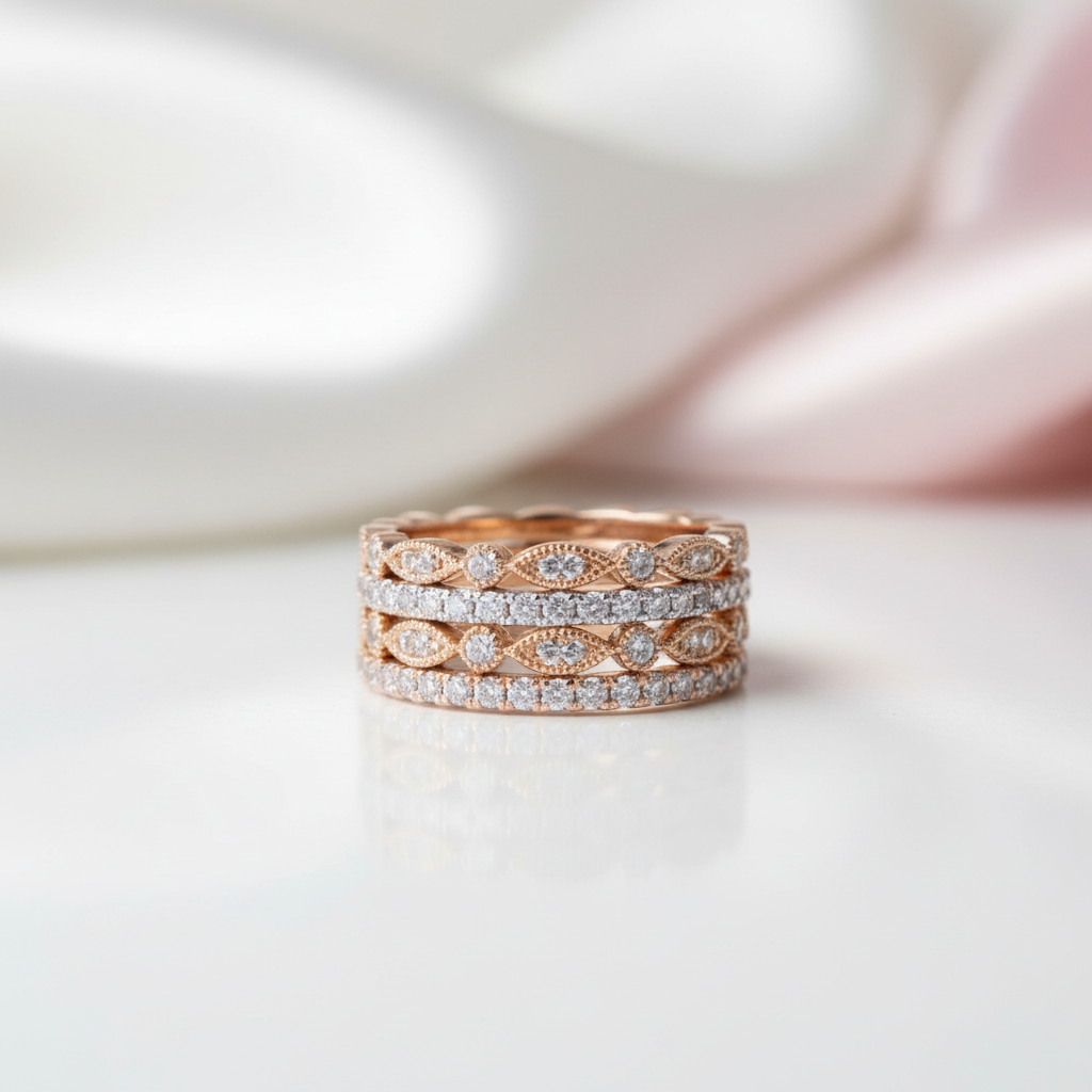 Eternity Three Tone 4PC Stackable Wedding Band Set-Black Diamonds New York