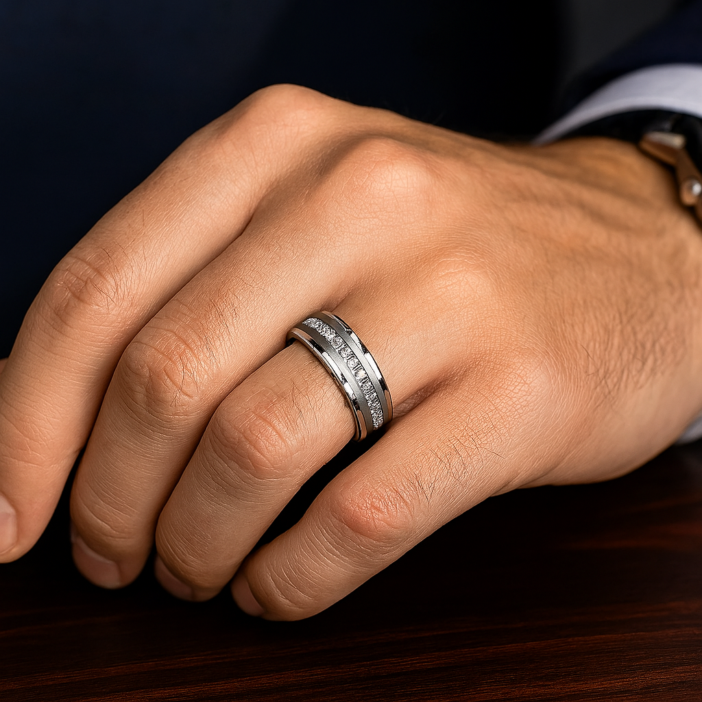 Diamond Option Inlay Beveled Matte Edges Tungsten Men's Wedding Band-Black Diamonds New York