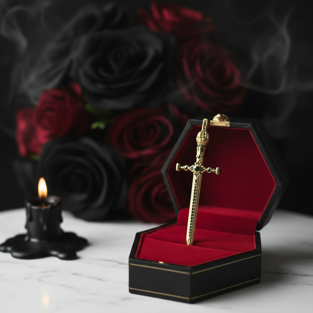 Gold sword pendant in a red box with black and red roses and a candle in the background