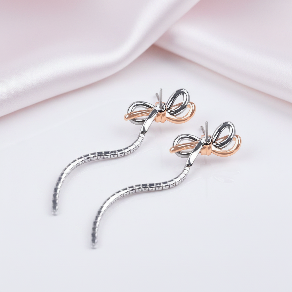 Round Diamond Option Bow Tassel Temperamental Long Earrings-Black Diamonds New York