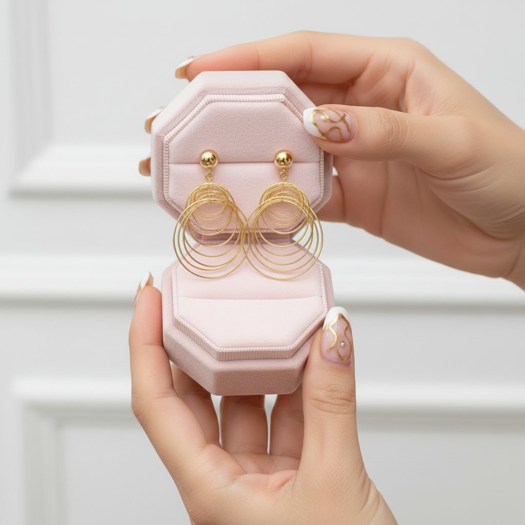 Gold hoop earrings in a pink jewelry box held by a hand against a white background