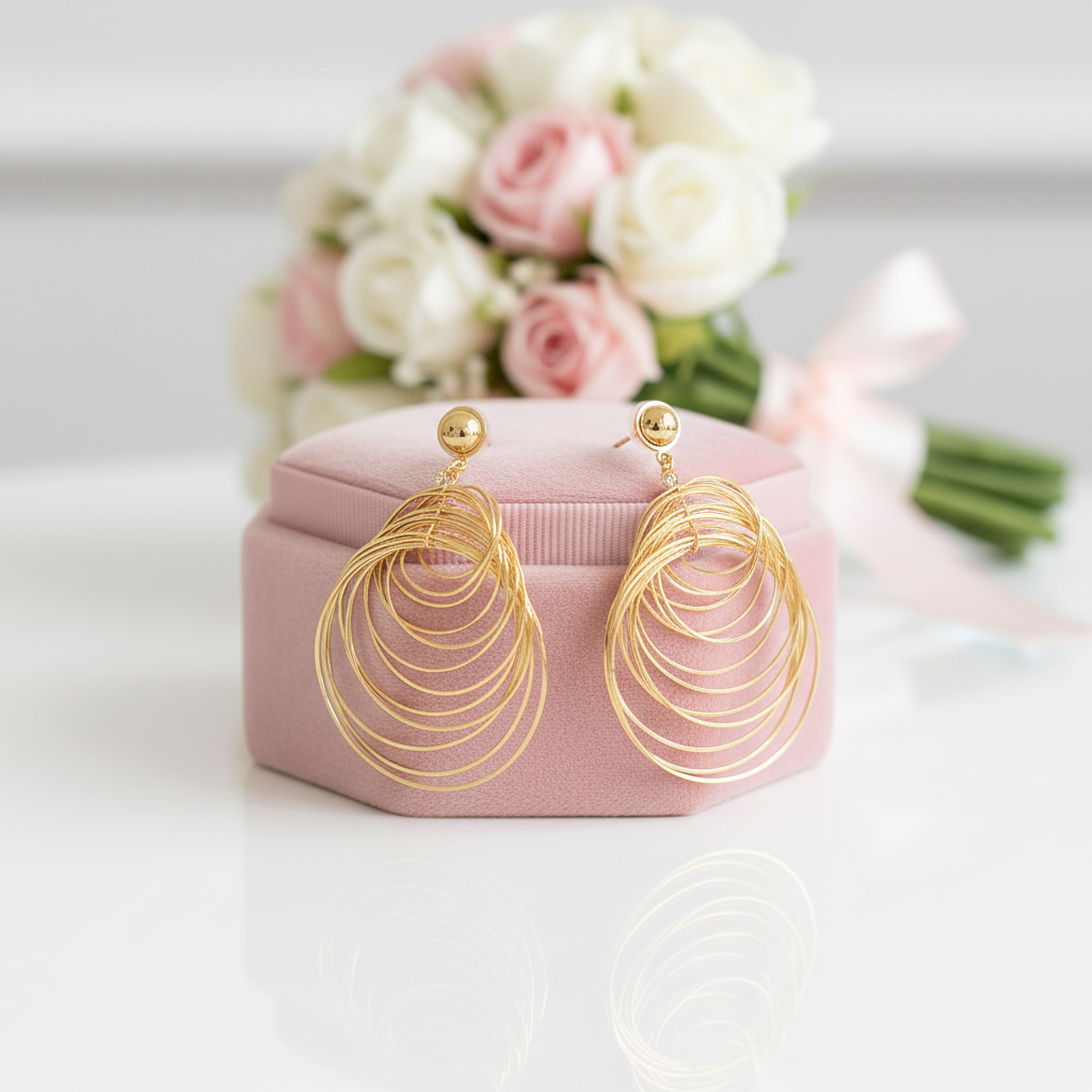 Gold hoop earrings on a pink jewelry box with flowers in the background