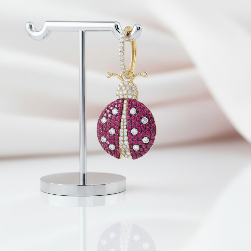Pink Diamond Option Ladybird Shape Asymmetric Earrings-Black Diamonds New York
