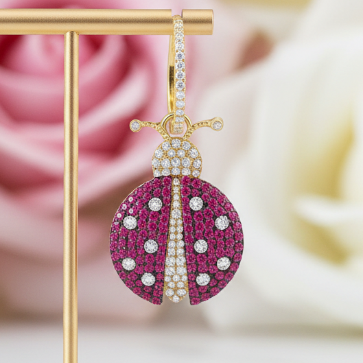 Pink Diamond Ladybird Shape Asymmetric Earrings-Black Diamonds New York