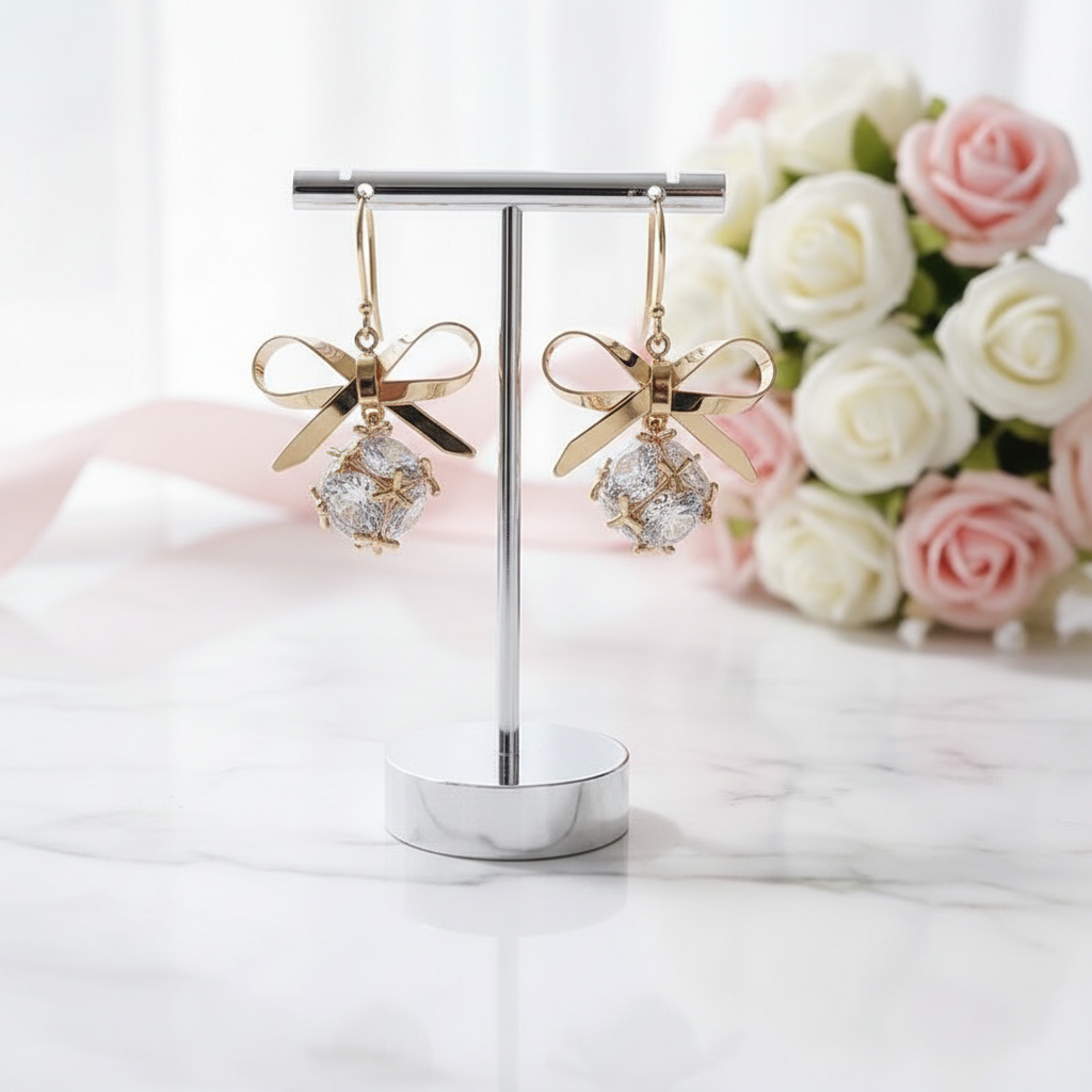 Round Diamond Option Short Simple Bow Earrings-Black Diamonds New York