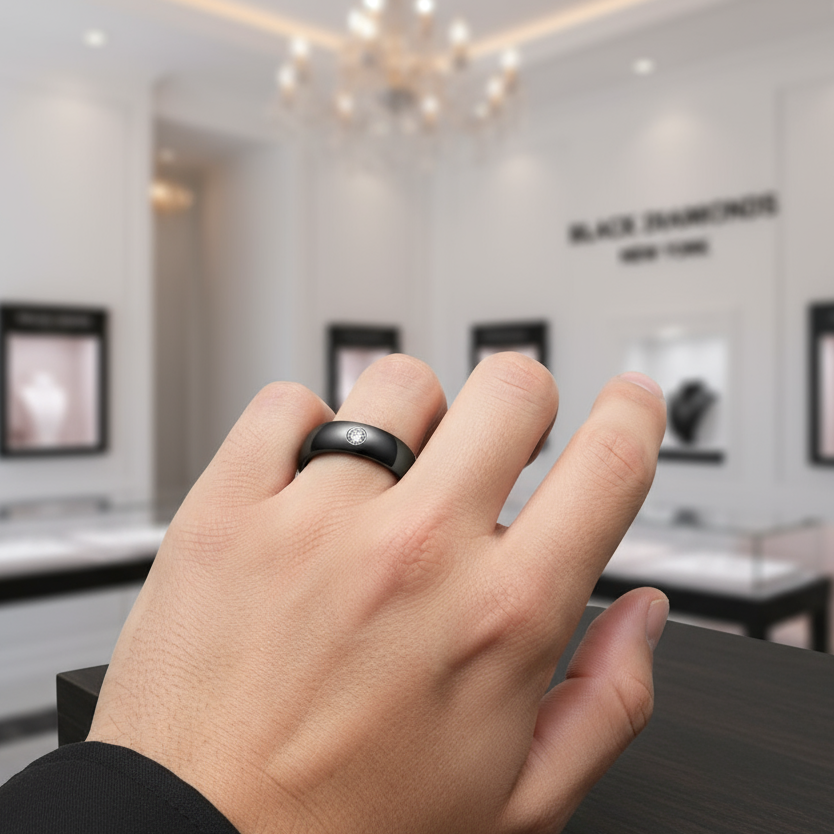 6mm Ceramic Wedding Band with Round Diamond-Black Diamonds New York