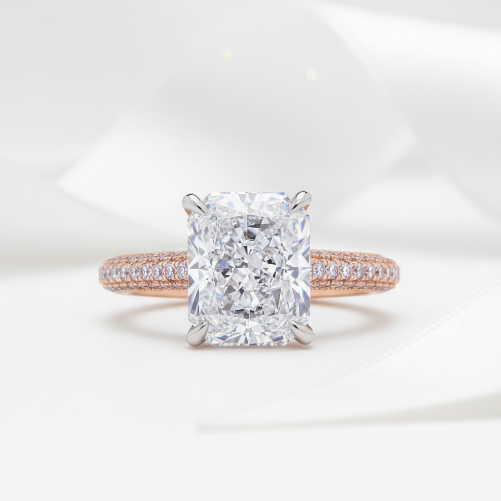 Exquisite 4.0 Carat Radiant Cut Engagement Ring with Pink Side-Stone-Black Diamonds New York