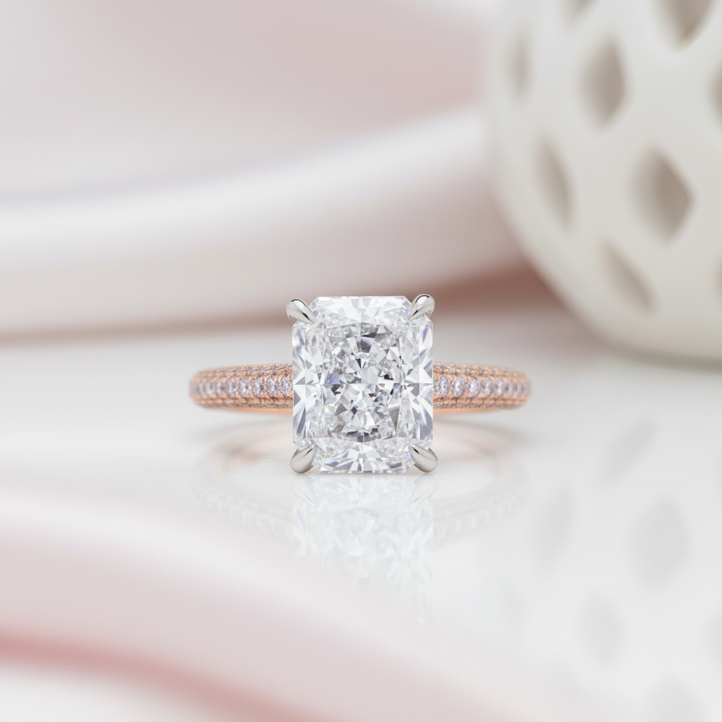 Exquisite 4.0 Carat Radiant Cut Engagement Ring with Pink Side-Stone-Black Diamonds New York