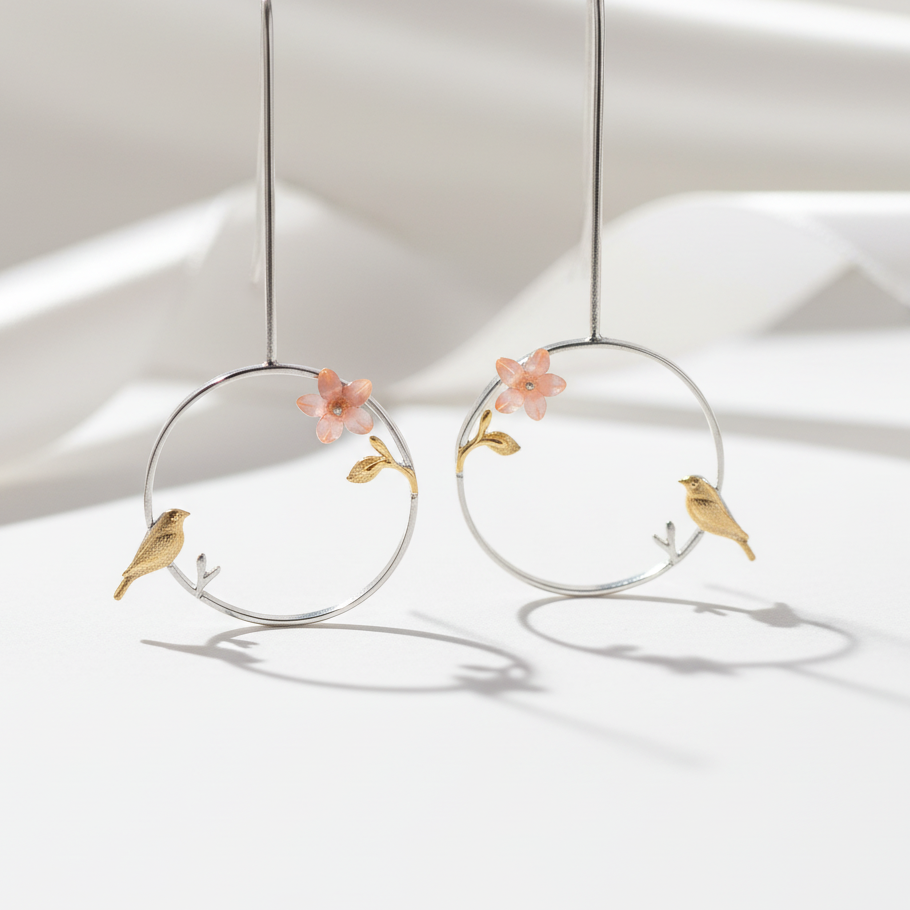 Exquisite Bird in a Jungle Dangle Earrings-Black Diamonds New York