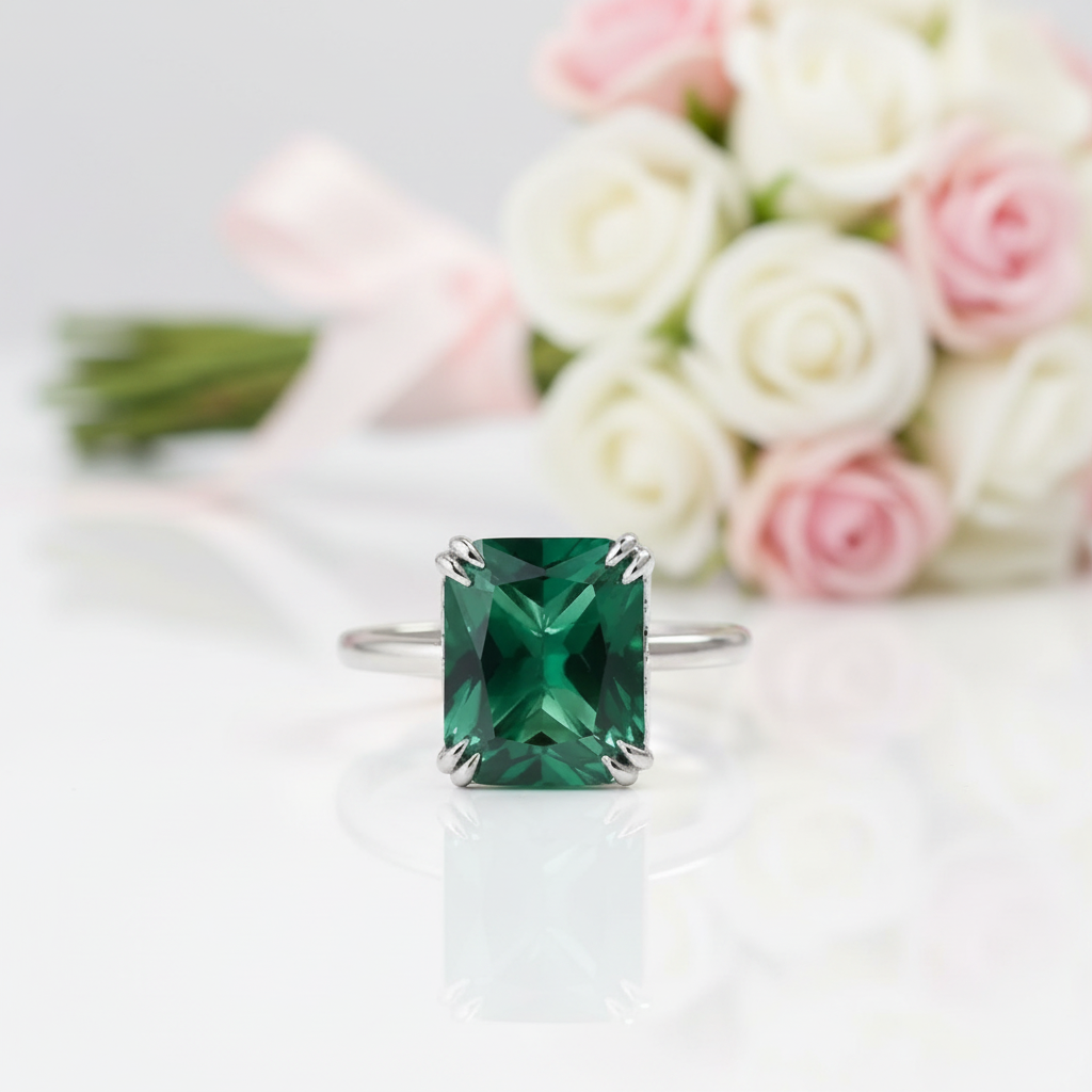 Exquisite Emerald Green Cushion Cut Engagement Ring-Black Diamonds New York