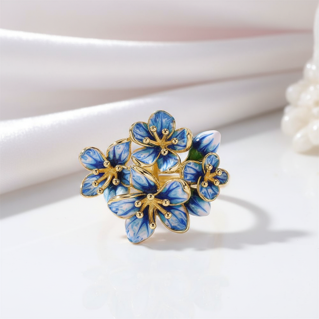 Exquisite Enamel Flower Ring-Black Diamonds New York