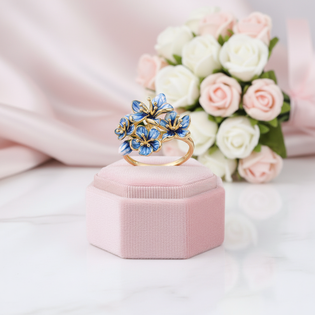 Exquisite Enamel Flower Ring-Black Diamonds New York