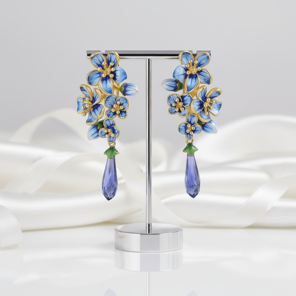 Exquisite Enamel Flowers Drop Earrings-Black Diamonds New York