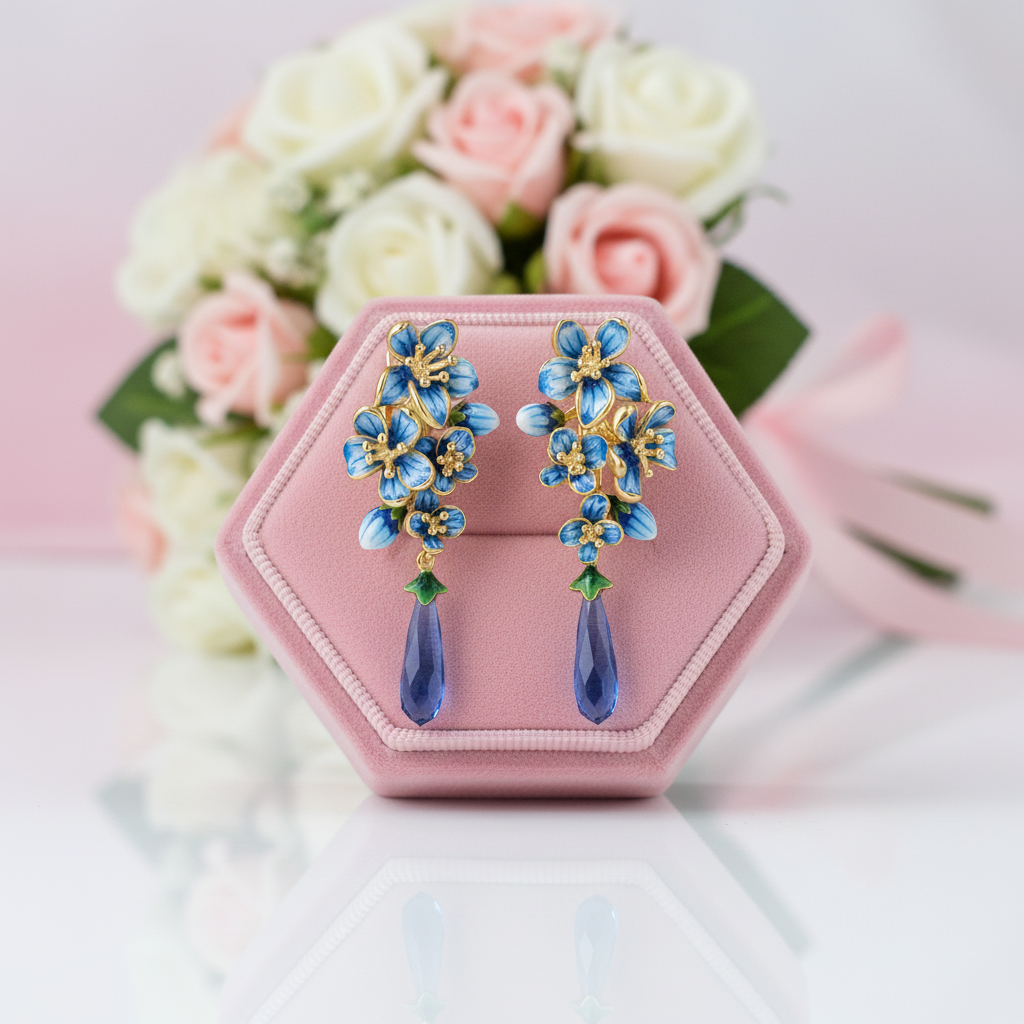 Exquisite Enamel Flowers Drop Earrings-Black Diamonds New York