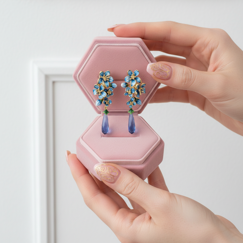 Exquisite Enamel Flowers Drop Earrings-Black Diamonds New York