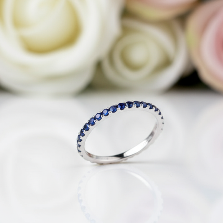 Exquisite Half Eternity Blue Sapphire Wedding Band-Black Diamonds New York