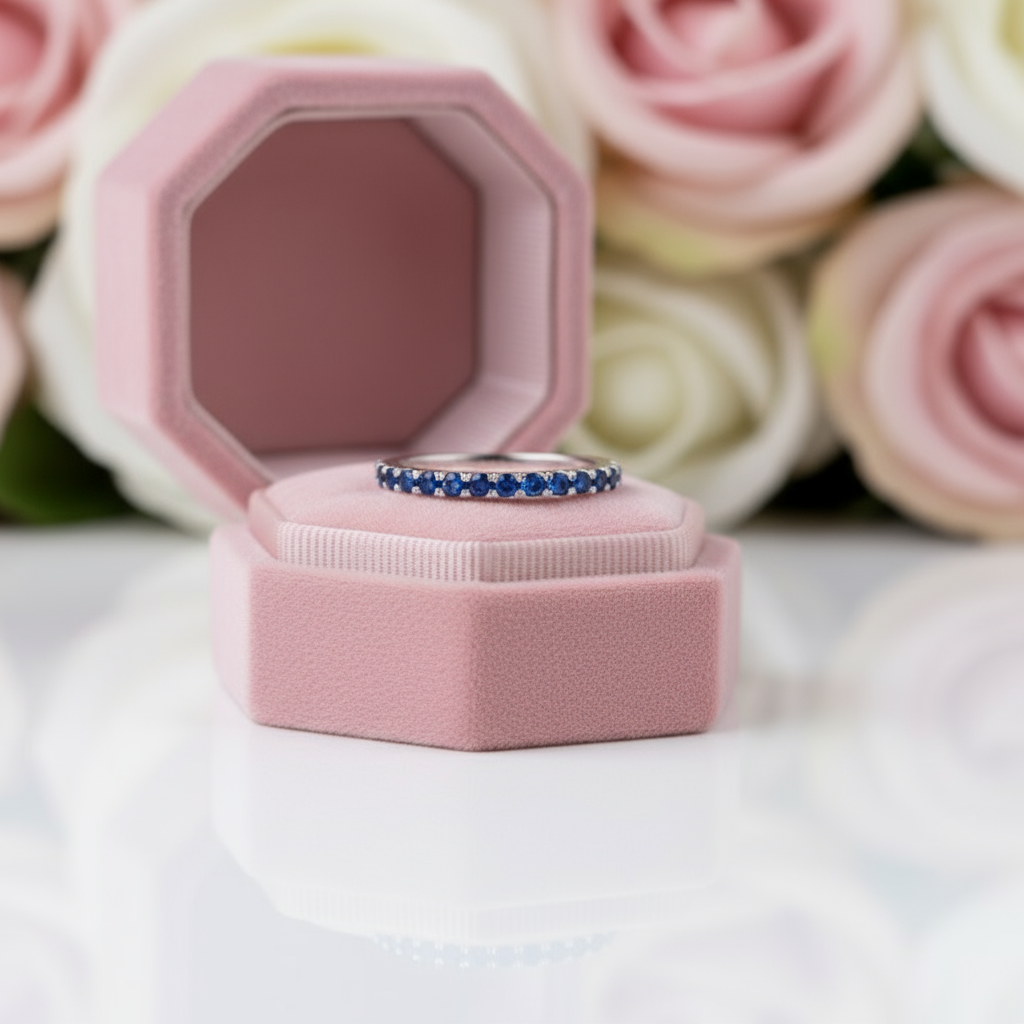 Exquisite Half Eternity Blue Sapphire Wedding Band-Black Diamonds New York