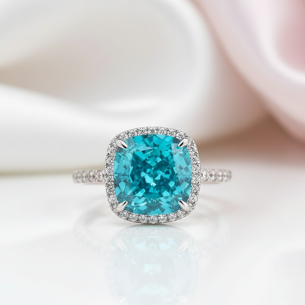 Exquisite Halo Cushion Cut Cyan Blue Diamond Option Engagement Ring-Black Diamonds New York