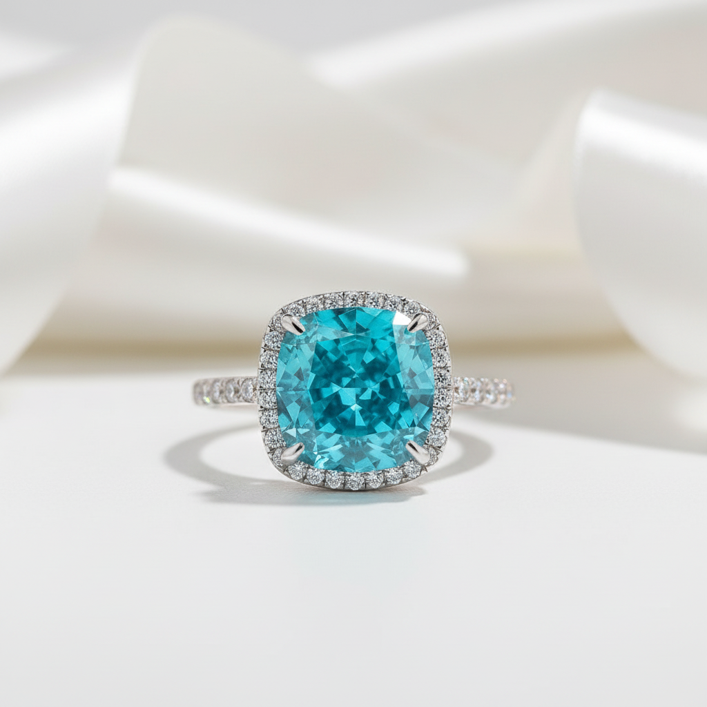Exquisite Halo Cushion Cut Cyan Blue Diamond Engagement Ring-Black Diamonds New York