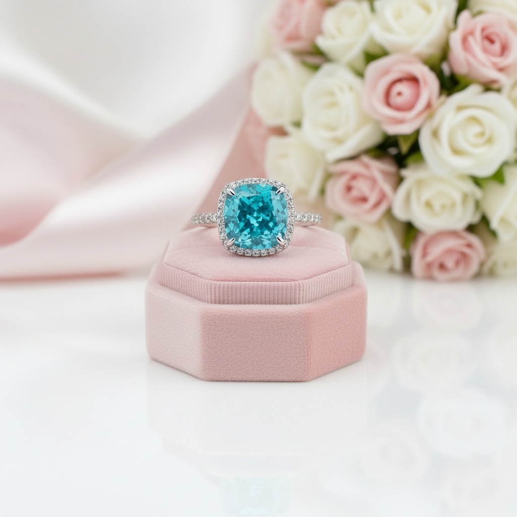 Exquisite Halo Cushion Cut Cyan Blue Diamond Engagement Ring-Black Diamonds New York