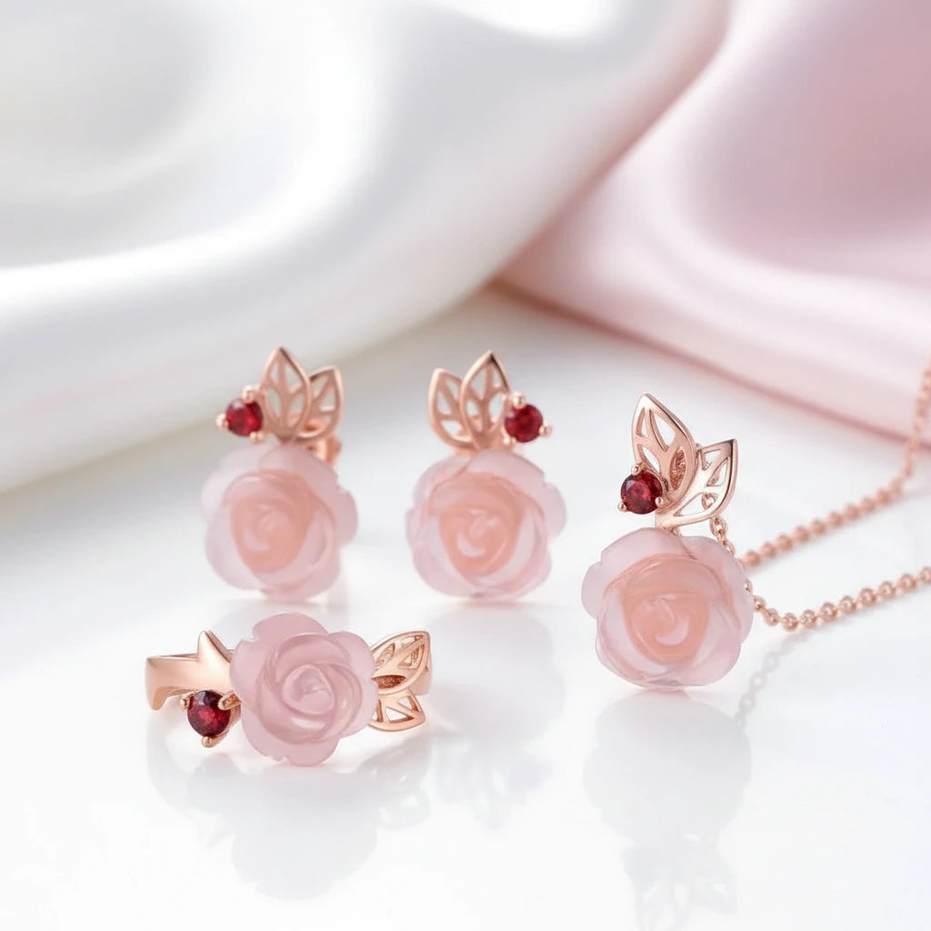 Exquisite Rose Flower Jewelry Set with Red Quartz Stone-Black Diamonds New York