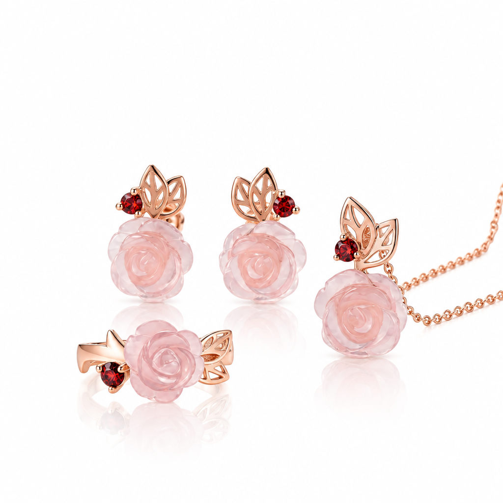 Exquisite Rose Flower Jewelry Set with Red Quartz Stone-Black Diamonds New York