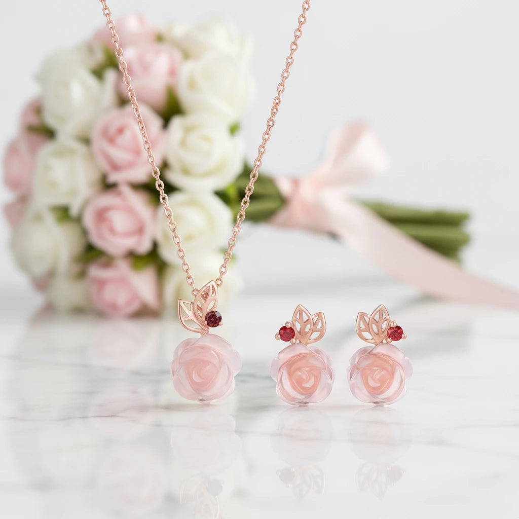 Exquisite Rose Flower Jewelry Set with Red Quartz Stone-Black Diamonds New York