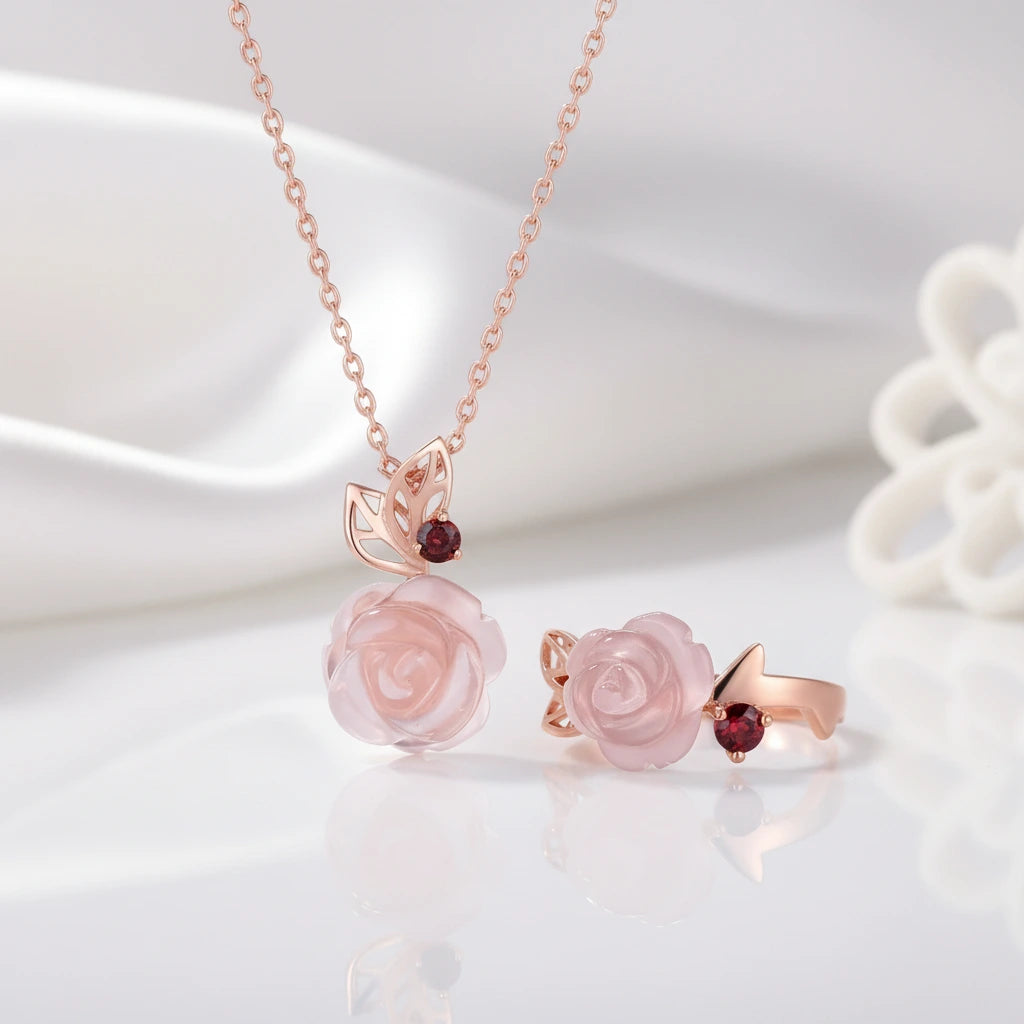 Exquisite Rose Flower Jewelry Set with Red Quartz Stone-Black Diamonds New York
