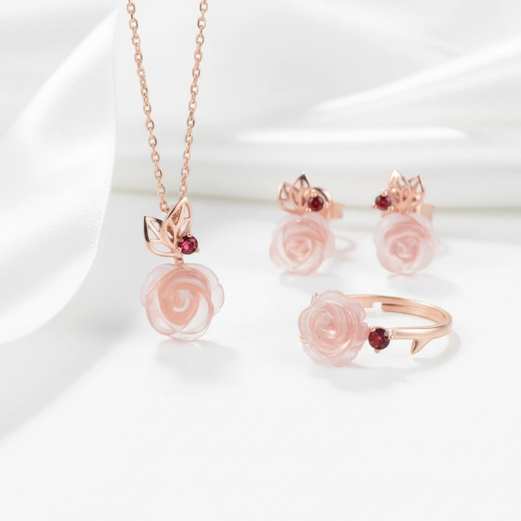 Exquisite Rose Flower Jewelry Set with Red Quartz Stone-Black Diamonds New York