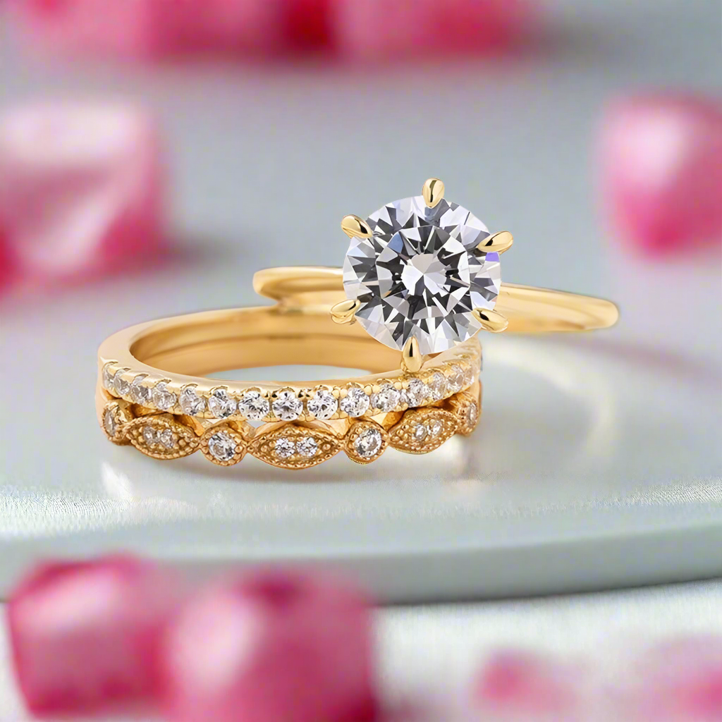 Exquisite Round Cut White Sapphire 3pcs Wedding Ring Set-Black Diamonds New York