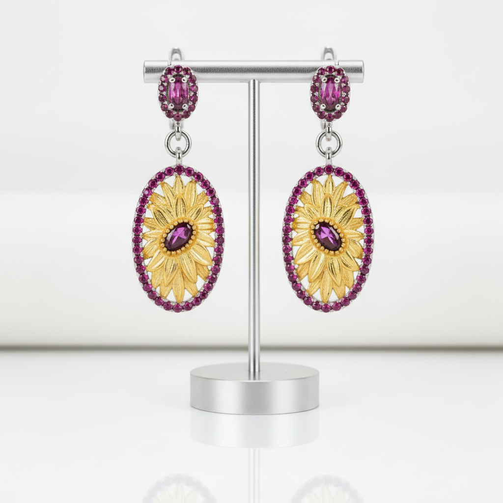 Exquisite Sunflower Long Earrings-Black Diamonds New York