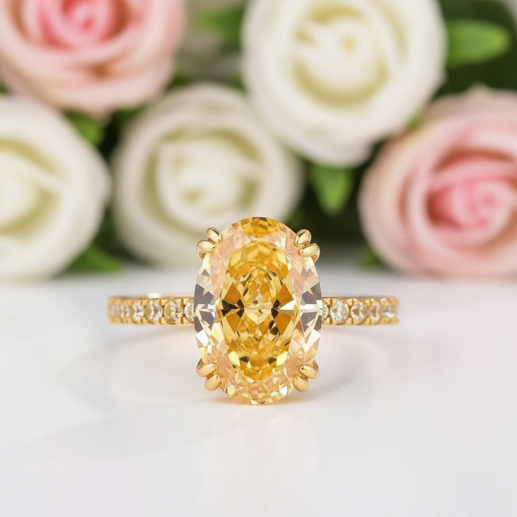 Exquisite Yellow Gold Oval Cut Yellow Sapphire Ring Set-Black Diamonds New York